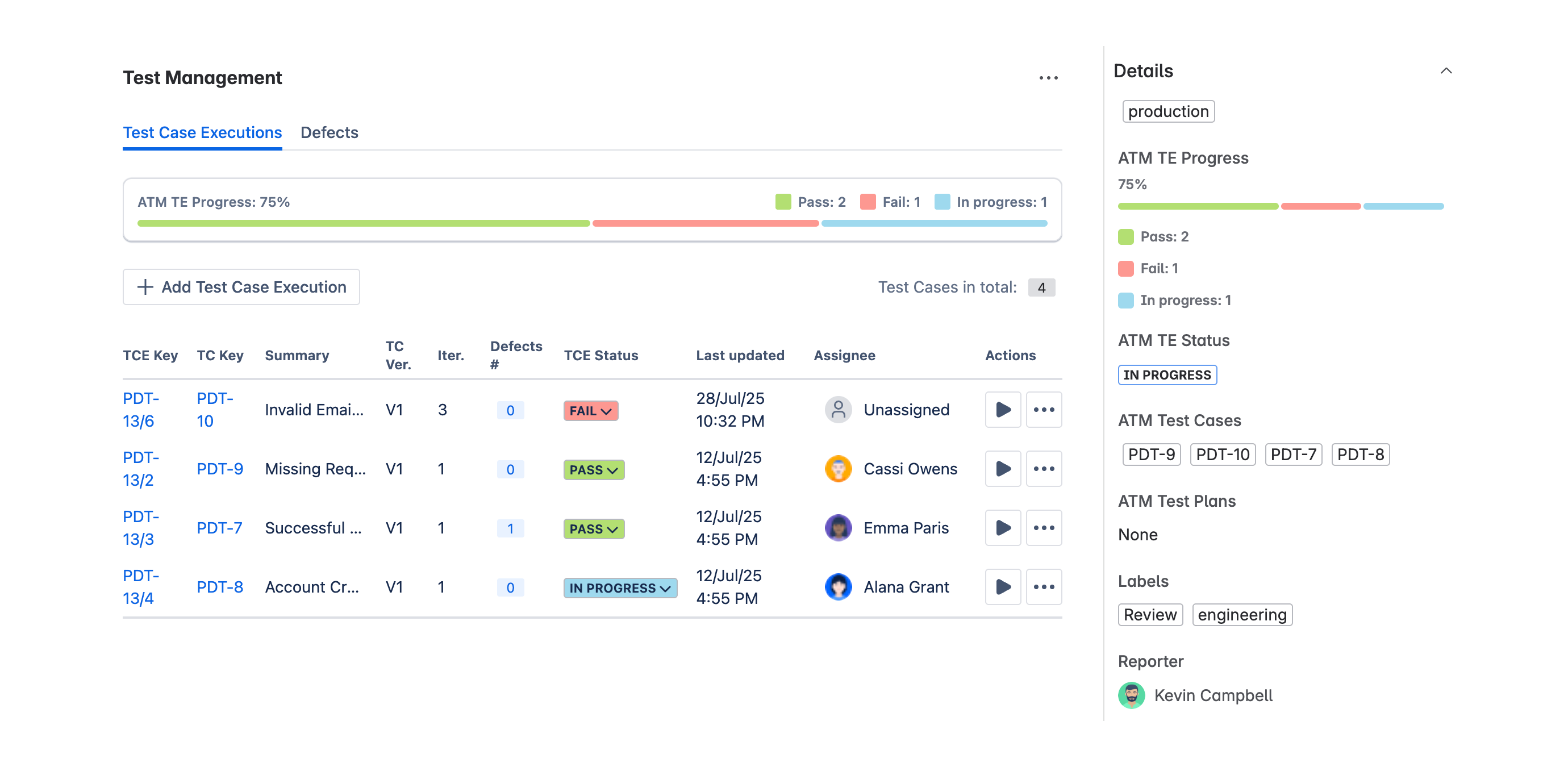 ATM Execution tests view