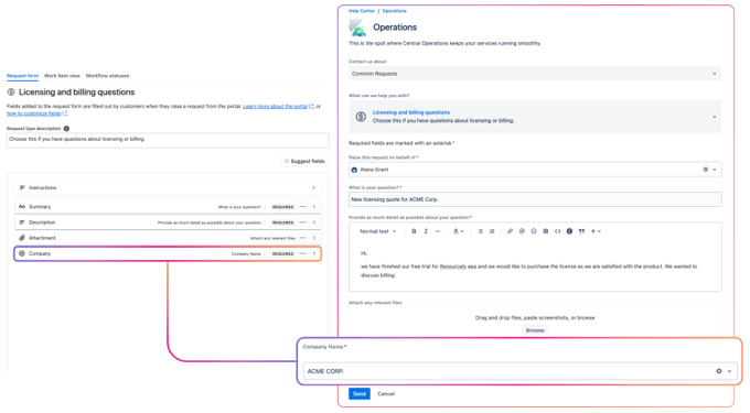 Screenshot of a Jira Service Management request form showing HubSpot CRM data fields like company name integrated into licensing and billing questions.