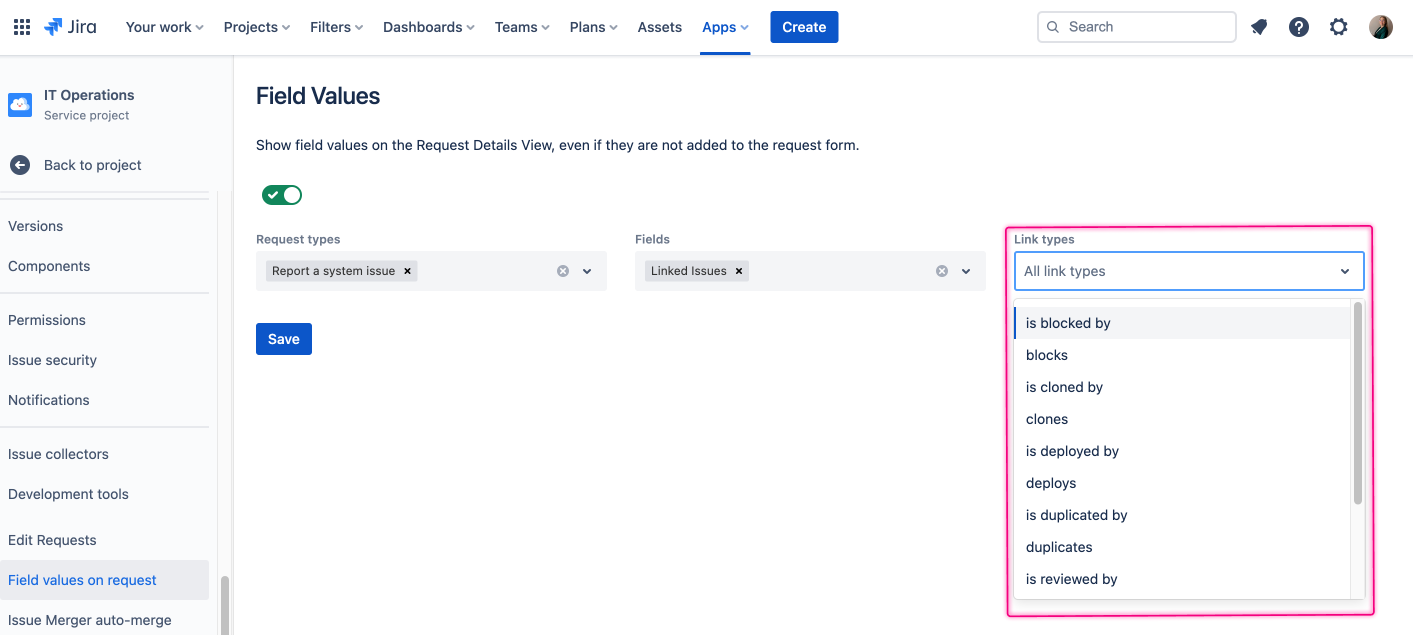 Fields values on the jira customer portal