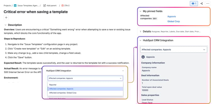 HubSpot Custom field in Jira Software - Bug - Work Item view