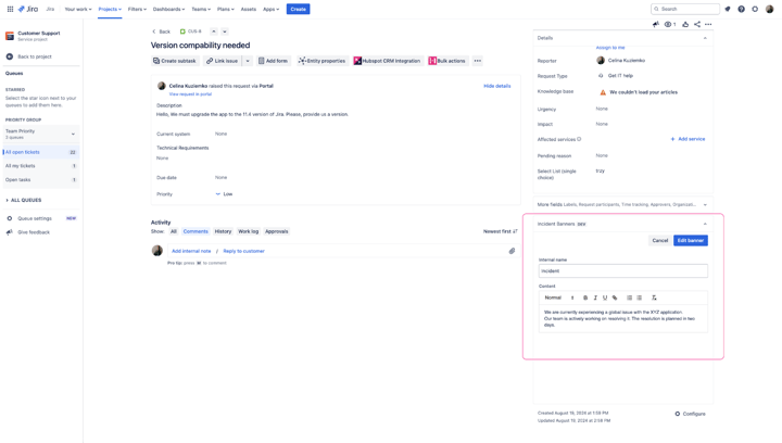 Create incident banner by JSM agent
