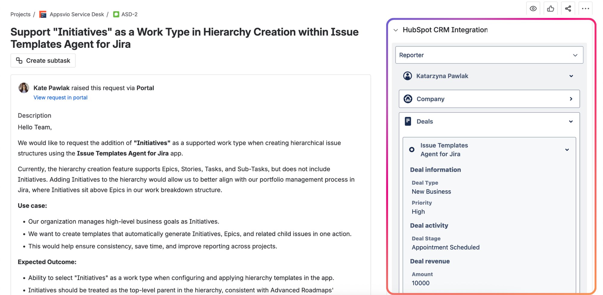 HubSpot Panel - Work Item view